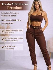 Women's Tailored Dress Pants With Elegant Belt And Buckle, Skinny Style, High Waist. - 黑色 - 查看 6