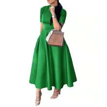 2026 European And American Women's Fashion Round-Neck Short-Sleeve Elegant Waist-Cinching Slimming Party Dress With A Large Hem - 藍色 - 查看 6