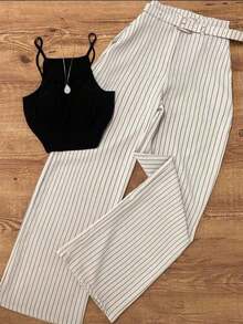 Women's Striped Casual Sleeveless Top And Pants Set, Suitable For Office And Garden, Spring/Summer - 棕色和黑色 - 查看 1