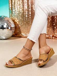 1 Pair Women's Vintage Gold Pearl Rhinestone Slip On Wedge Slides, Comfortable Open Toe Platform Sandals For Daily Wear - الذهبي - مشاهدة 4