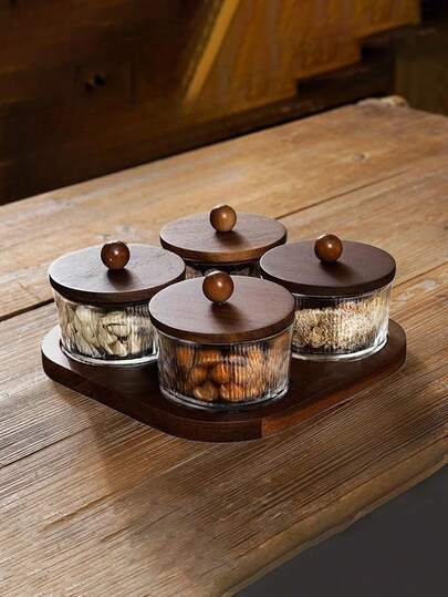 3/4/5/7pcs (1 Tray With 2/3/4/6 Jars) Spice Jars & Jar Holders, Multi-Functional Storage Jars, Food Storage Canisters, Living Room, Dining Room, Kitchen Tray Set, Sugar Jar, Milk Jar, Spice Jar, Fruit Plate, Airtight Canister, Breakfast Tray For Cereals, Candies, Cookies, Bread, Suitable For Home, Gathering, Restaurant, Picnic, Wedding Celebration, Party Service Tray