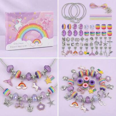 Bộ 55 hạt cườm lỗ lớn nhiều màu sắc, hạt hợp kim, bộ dụng cụ làm vòng tay và dây chuyền kèm hộp quà, bộ quà tặng ngày lễ.