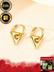 Two Pieces Set Of Simple Geometric Triangle Earrings+Thoughtful Ear Protection And Ear Care Needles, Suitable For Wearing New Ear Holes And Various Occasions And Festivals Such As Parties, Anniversaries, Birthdays, Etc., Equipped With High-Quality And Exquisite Gift Boxes - Gold - View 4