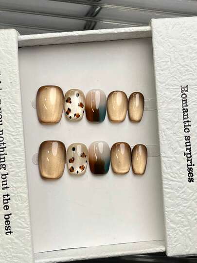 10 móng tay giả thủ công hình vuông và tròn, móng acrylic dán ngắn và vừa, kiểu tối giản màu nâu, móng mắt mèo nổi bật, họa tiết da báo, màu xanh lá cây và nâu chuyển sắc, móng dán thủ công sang trọng, đơn giản, thanh lịch, kiểu dáng mùa xuân, mùa hè, phong cách hiện đại, móng tay đa năng tự làm, nghệ thuật móng giả, sử dụng hàng ngày và dự tiệc, hẹn hò, đi biển, nghỉ dưỡng nhiệt đới, có thể tái sử dụng, làm quà tặng cho phụ nữ và bé gái.