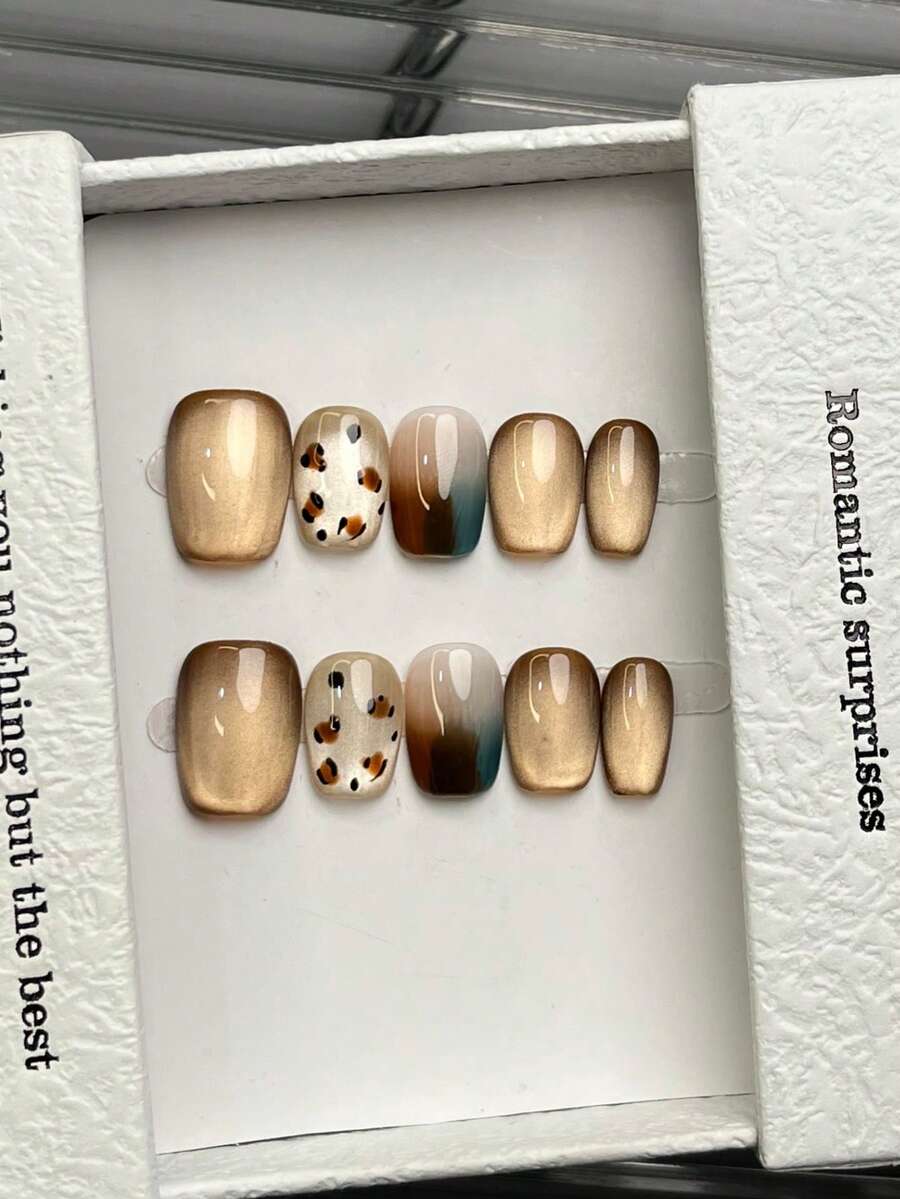 10 Peças Unhas Feitas à Mão Quadradas e Redondas, Unhas Acrílicas Coladas, Curtas e Médias, Minimalismo Marrom, Unhas Brilhantes de Olho de Gato, Padrão de Leopardo Verde e Marrom Degradê, Unhas Elegantes e Simples Artesanais de Luxo para a Primavera, Unhas de Verão, Estilo Moderno, Unhas Versáteis DIY para Festa, Uso Diário e Encontros, Praia e Férias Tropicais, Reutilizáveis, para Mulheres e Meninas como Presente, Suprimentos de Unhas - Multicolorido - Visão 1