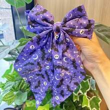 Pumpkin & Bat Print Bow Ribbon Spring Clip Spooky Ghost Pattern Hair Clip Hair Accessory, Shiny - Multicolor - View 1