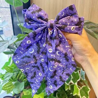 Pumpkin & Bat Print Bow Ribbon Spring Clip Spooky Ghost Pattern Hair Clip Hair Accessory, Shiny