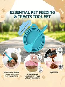 Wang Meow Pet Bộ 3 phụ kiện hộp đựng thức ăn cho thú cưng: Nắp hộp silicon đa năng, thìa cán dài và dụng cụ bóp thức ăn cho thú cưng, nắp hộp tái sử dụng cho chó/mèo, dụng cụ phân phát đồ ăn nhẹ. - Bộ 3 chiếc, màu sắc ngẫu nhiên. - Xem 5