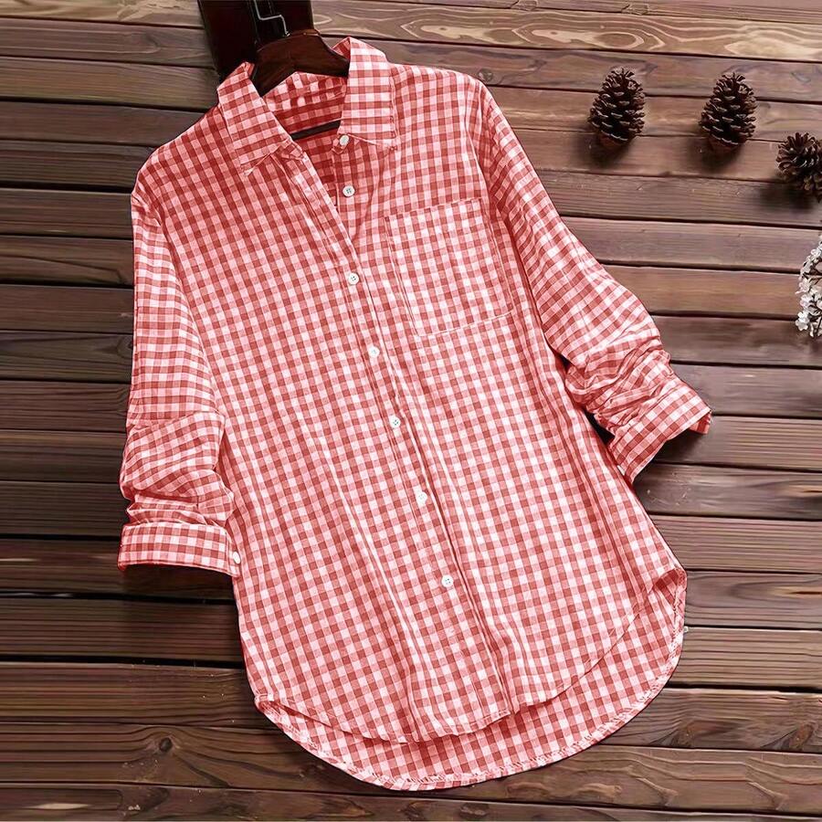 Áo sơ mi nữ dài tay kẻ caro cổ điển, chất liệu 100% cotton, thích hợp mặc mùa xuân/hè. - Màu Hồng  San hô - Xem 1