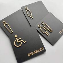 4件套豪华现代亚克力浴室标识牌，3D金色男/女/无障碍/通用图标，黑色防水墙贴，适用于餐厅/酒店/办公室/公共卫生间 - A - 查看 1