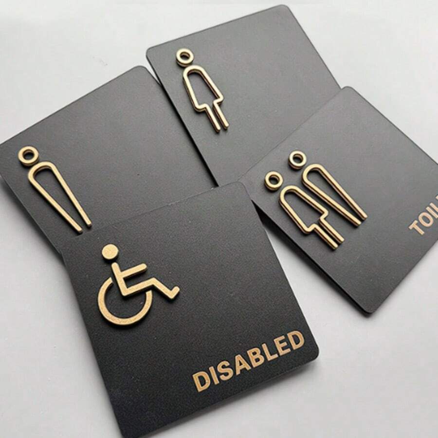 4件套豪华现代亚克力浴室标识牌，3D金色男/女/无障碍/通用图标，黑色防水墙贴，适用于餐厅/酒店/办公室/公共卫生间 - A - 查看 1