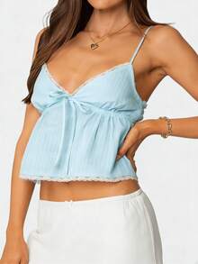 Women V Neck Y2k Babydoll Top Fairy Camisole Summer Ruffle Hem Tanks Cute Sleeveless Going Out Camis Shirt - Blue - View 2