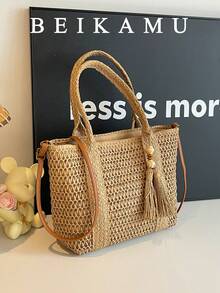 1pc Large Capacity Beach Vacation Style Woven Tote Bag, Casual Fashion Shoulder Bag, Solid Color Minimalist Design - Khaki - View 6