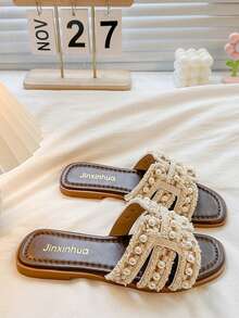 2026 New Pearl Embellished Flat Slide Sandals, Elegant One-Strap Beach Slippers For Women - Off White - View 12