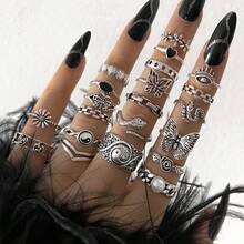 Bộ 21 chiếc nhẫn thời trang phong cách Punk cổ điển hình bướm, mắt quỷ, hoa hồng, hoa vĩnh cửu hình rắn dành cho nữ, phù hợp cho trang sức hàng ngày, lễ hội và tiệc tùng. - Bạc - Xem 1