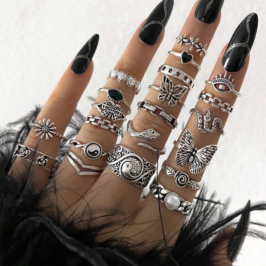 Bộ 21 chiếc nhẫn thời trang phong cách Punk cổ điển hình bướm, mắt quỷ, hoa hồng, hoa vĩnh cửu hình rắn dành cho nữ, phù hợp cho trang sức hàng ngày, lễ hội và tiệc tùng. - Bạc - Xem 1