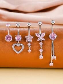 5pcs/Set Gold-Plated Curved Barbell, Belly Button Rings Set, Surgical Stainless Steel Inlaid Glitter Zirconia Heart, Flower, Butterfly Piercing Jewelry For Women, Daily Wear & Holiday Gift - Yellow Gold - View 3