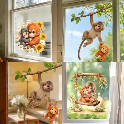 1片动物玻璃装饰贴纸，猴子荡秋千花丛图案，静电吸附窗膜，适用于客厅、卧室和家居装饰