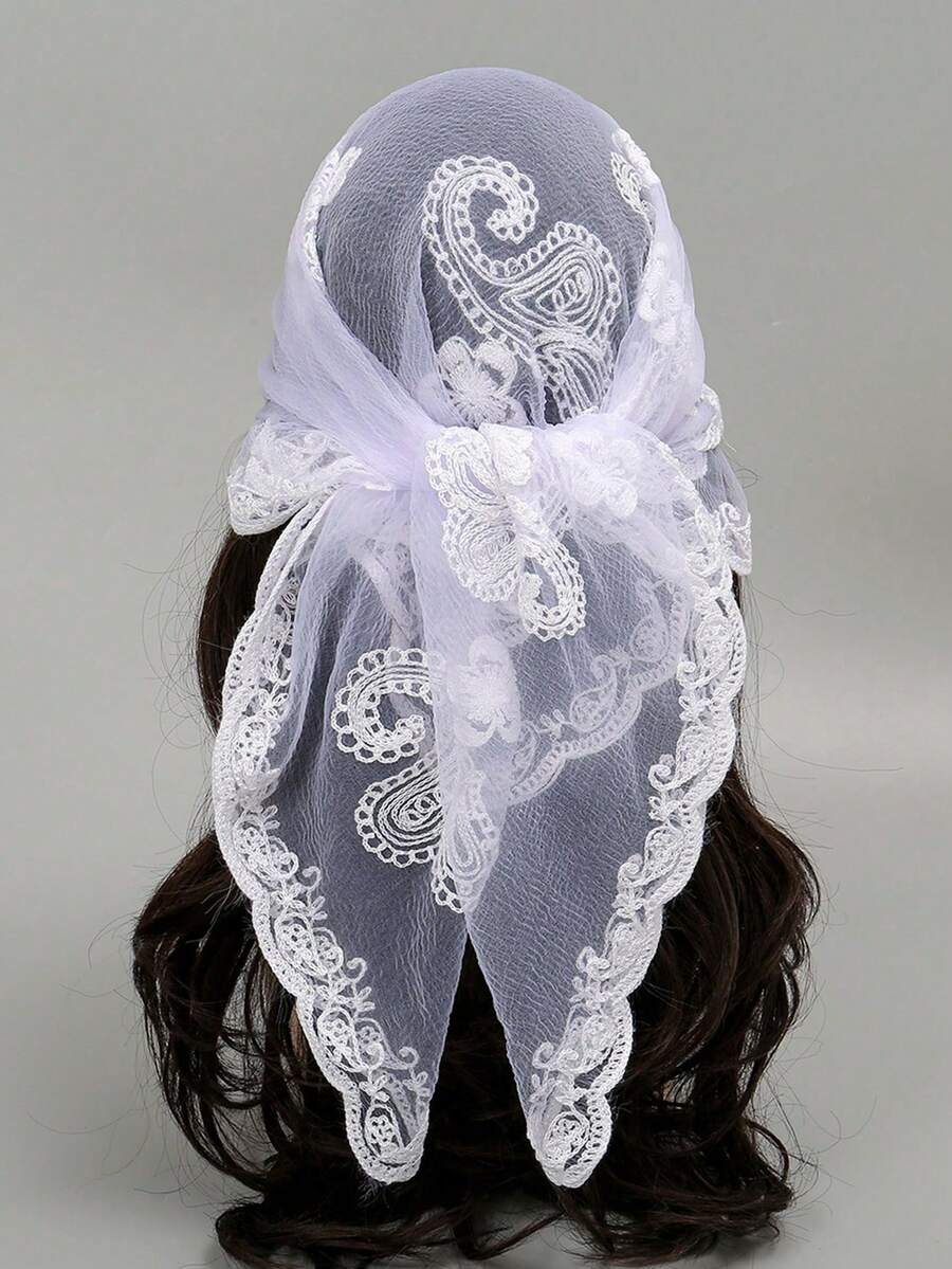 1pc Women's Fashion Embroidered Bandana Scarf - White - View 1