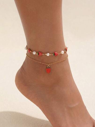 2pcs/Set Cute Enamel Strawberry Anklet, Handmade Jewelry Accessory Suitable For Daily Wear, Beach, Date, Party