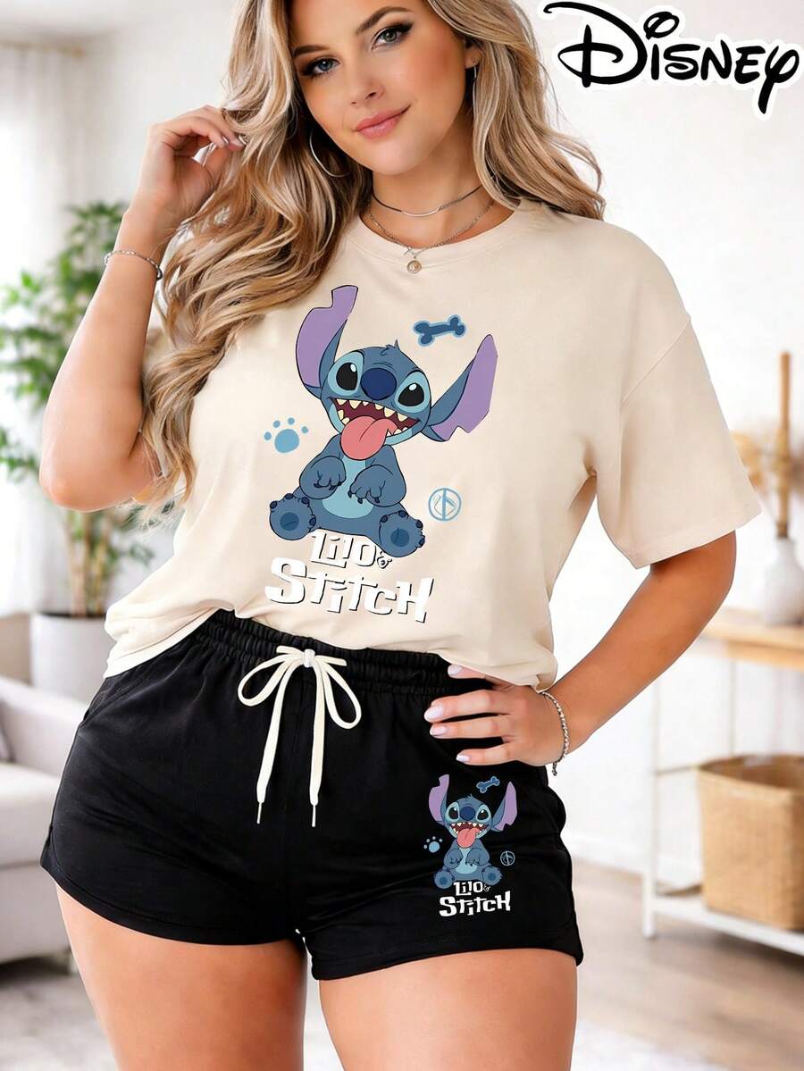 Disney Official Licensed Lilo & Stitch Playful Tongue Out Print Women's Casual Short Sleeve T-Shirt & Drawstring Shorts 2-Piece Set, Soft Breathable Skin-Friendly Fabric, Cute American Casual Style, Ideal For Daily Wear, Loungewear, Vacation & Travel - Màu be - Xem 1