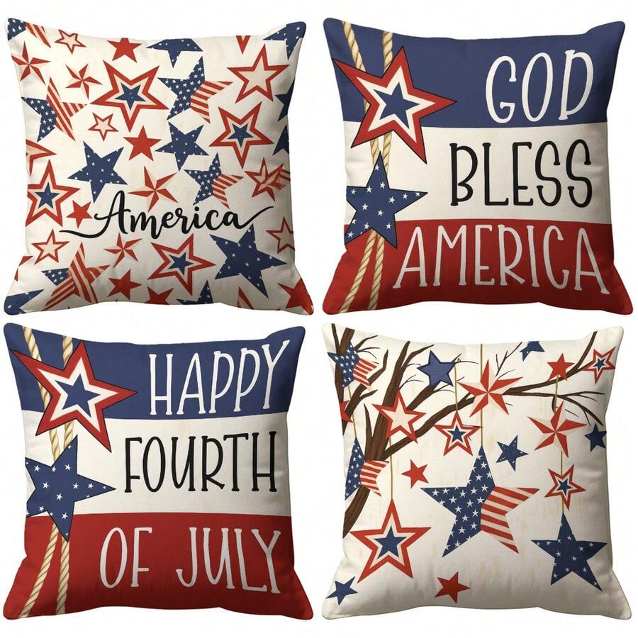 4pcs 4th Of July Independence Day Pillow Covers, Patriotic Decorative Pillowcases, Independence Day Celebration, American Flag Pattern, Suitable For Bedroom, Sofa, Home Decor And Outdoor Use - Multicolor - View 1