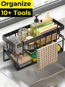 High Quality Kitchen Sink Tray, Integrated Sponge Rack, Multi-Purpose Carbon Steel Kitchen Countertop Storage Rack, Suitable For Rag, Dish Soap, Brush, Space Saving Bathroom Organizer, Kitchen Storage Rack, Kitchen Accessories - Multicolor - View 2