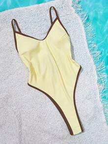 女士复古露背比基尼连体泳衣，黄棕色，适合外出、健身、春假、Y2K风格、街头、度假、音乐节、泳池派对、嘉年华、2026夏季女士沙滩装 - 黃色 - 查看 9