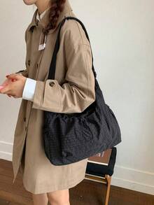Plaid Women's Shoulder Bag, Casual Versatile Foldable Zipper Closure Adjustable Strap Tote Bag, Suitable For Daily Use, School/College Students, Simple & Cute Pleated Multi-Pocket Drawstring Front Pocket Cloth Bag , Kawaii , Beach - 彩色 - 查看 3