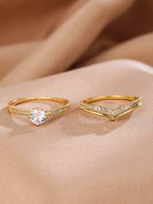 1 Set de anillos apilables de diseño de nicho de lujo para mujeres, anillos para los dedos del mismo estilo delicado, accesorios versátiles para uso diario - Conjunto de anillos - Oro - Ver 2
