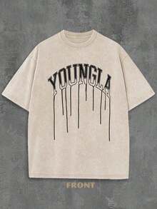 2026 New Arrival Vintage Western Washed Men Vintage Rodeo Style Comfort Tops Men's Vintage Washed Cotton YoungLA Dripping Skull Graphic Oversized T-Shirt - Retro Y2K Streetwear Style Casual Tee, Distressed Gothic Short Sleeve Top Casual Daily Outfits Streetwear Western Graphic Tee - 杏色 - 查看 2