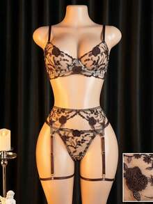 4pcs Floral Embroidered Mesh Garter Belt Lingerie Set - Sexy Bra And Panty Set - Coffee Brown - View 2