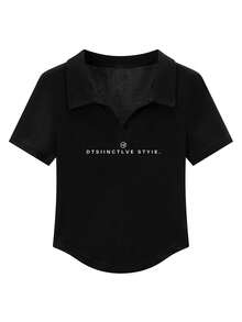 女款時尚白色 Polo 領短袖 T 恤，不對稱下擺，高彈性聚酯纖維面料，休閒風黑色夏季造型 - 黑色 - 查看 3