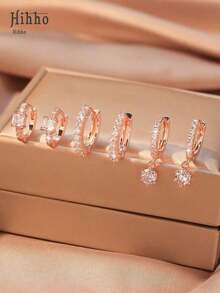 Hihho 6pcs Fashion Elegant Zirconia Inlaid Square & Circle Geometric Charm Earrings Set, Includes Round Sparkling Zirconia Pendant Earrings, Rose Gold Plated, Gift For Ladies - 玫瑰金 - 查看 8