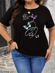 Talla grande, camiseta de talla grande con estampado de maosas - Negro - Ver 2