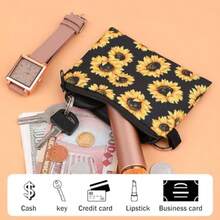 2 Pc Unflower Coin Pure Fabric Coin Pouch With Key  Zipper Heart Coin Bag Mall Black Canva Pure Pouch Travel Pable Keychain - 如圖 - 查看 3