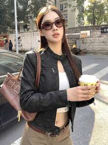 冬季 Y2K 復古仿麂皮極簡主義機車風拉鍊口袋完美街頭穿搭層次感女款外套上衣 - 黑色 - 查看 2