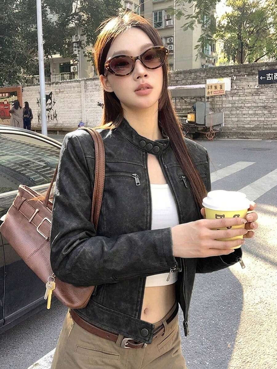 冬季 Y2K 復古仿麂皮極簡主義機車風拉鍊口袋完美街頭穿搭層次感女款外套上衣