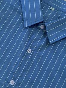 WAIT HIM 男士休闲宽松条纹短袖衬衫，春夏款 - 霧霾藍 - 查看 5