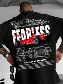 Men's Racing T-Shirt With Formula And Slogan Print - Relaxed Fit Casual T-Shirt With Technical Drawings And Bold Motorsport Prints, 100% Polyester, Machine Washable, Comfortable For Everyday Wear, Suitable For Racing Events And Leisure Outfits, Spring Outfit, Cotton T-Shirt, Men's T-Shirt - màu đen - Xem 4