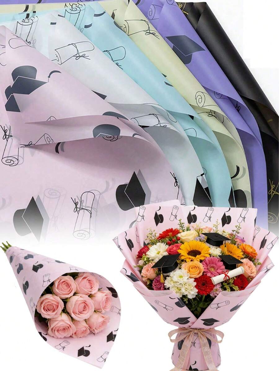 20pcs/Pack Pink Graduation Cap Wrapping Paper, Graduation Gift Packaging Paper, Jelly Membrane Gift Wrapping Paper With Graduation Cap, Degree Cap And Tassel Pattern, Colorful Back To School Bouquet Paper, Suitable For Graduation Gifts, Party Decorations - Multiple Styles - View 1
