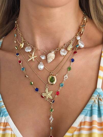 4pcs/Set Beach Vacation Style Inlaid Geometric Crystal Chain Necklace With Starfish, Shell, Irregular Pearl Pendant, Elegant Luxury Beach Vacation, Party, Date, Casual Daily, Women's Holiday Birthday Jewelry Gift (Chain Crystal Color Random, Based On Actual Chain Length)
