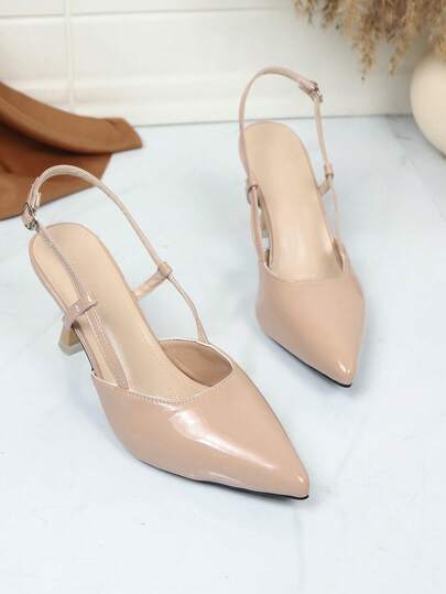 1 Pair Pink Pointed Toe High Heel Sandals, Solid Color Mirror Patent Leather Material, One-Strap Buckle Design, Slim Stiletto Heel, Elegant Platform Sandals Suitable For Party, Shopping, Travel, Vacation, Summer New Arrival