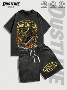 Mens Creative T Shirt And Shorts Set American Vintage Full Print Street Wear Essential T Shirt Set Men Graphic T Shirt And Shorts Set With Dragon And Flowers Print Washed Look Vons Dutchs Logo Design For Casual Outfits Summer Wear - màu đen - Xem 1
