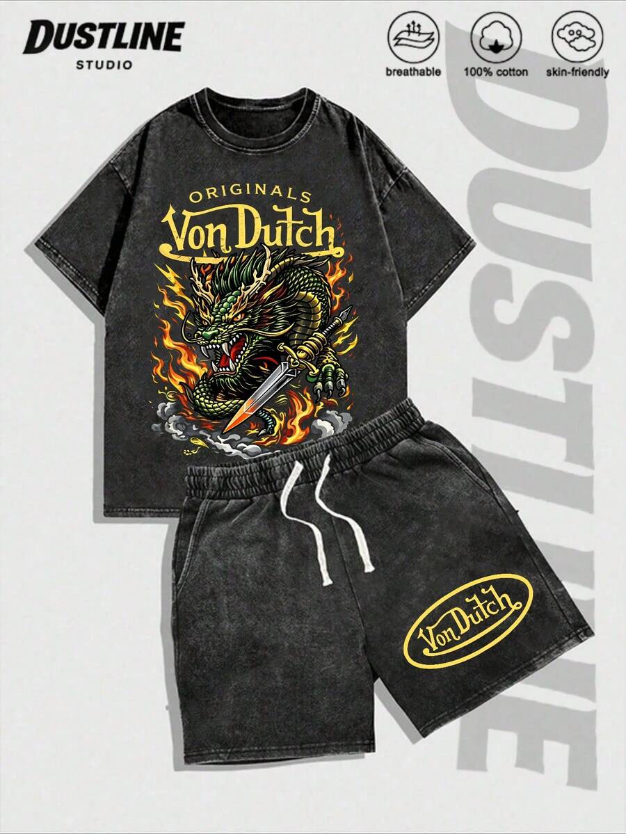 Mens Creative T Shirt And Shorts Set American Vintage Full Print Street Wear Essential T Shirt Set Men Graphic T Shirt And Shorts Set With Dragon And Flowers Print Washed Look Vons Dutchs Logo Design For Casual Outfits Summer Wear - màu đen - Xem 1