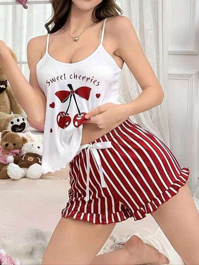 女士性感樱桃印花吊带背心和条纹短裤两件套睡衣套装，舒适休闲家居服