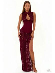 2026 New Sexy Fashion Lace Hollow Out Slit Slim Waist Belted Sleeveless Dress For Women - 紅色(褲子)現貨 - 查看 8