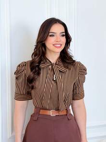 Short-Sleeved Striped Blouse With Puff Sleeves, Bow, And Button. - Brown - View 1