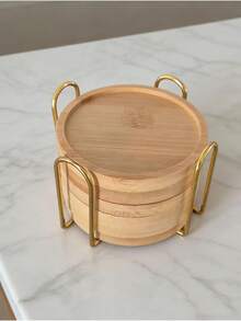 6pcs Bamboo Coaster Set With Holder - Natural Wooden Coasters, Waterproof And Heat-Resistant, Suitable For Home/Bar/Kitchen Decor - Wood Color - View 5
