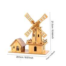 木制3D拼图DIY套装 - 风车和农舍建筑套装，适合儿童和成人，益智STEM玩具，创意手工工艺品，家居装饰模型，互动组装玩具 - 彩色 - 查看 11